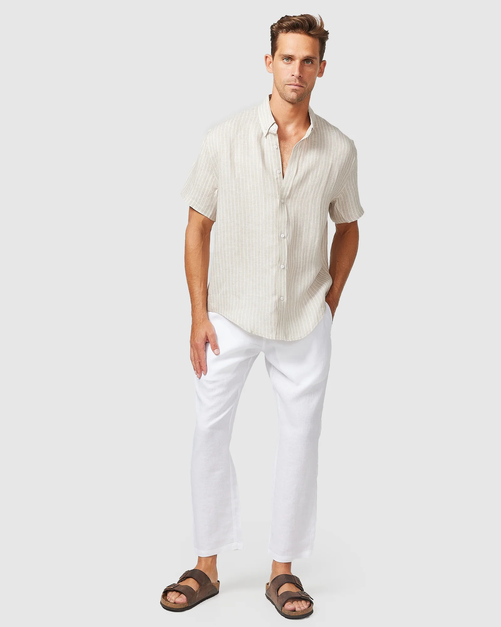 S/S Linen Shirt Brown Stripe - Image 3